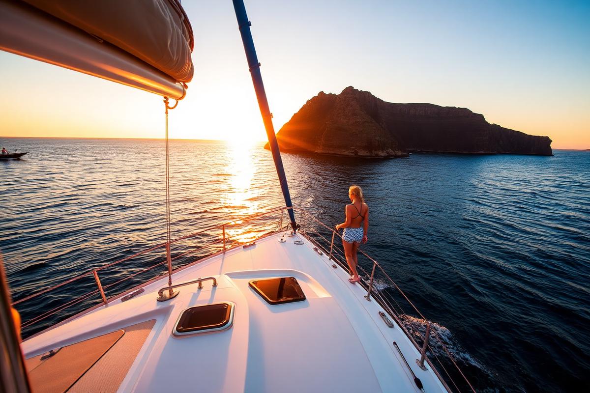 Catamaran sailing along the Madeira coast at sunset