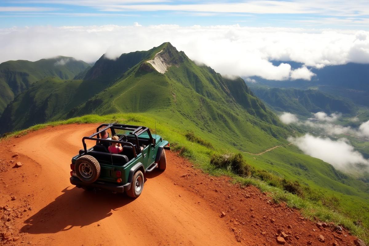 Open 4x4 jeep on a mountain track above green Madeiran valleys