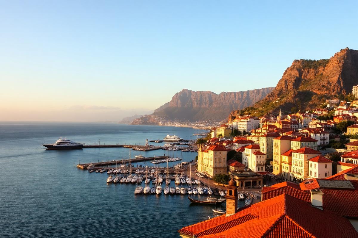 Funchal old town and marina seen from the sea at golden hour