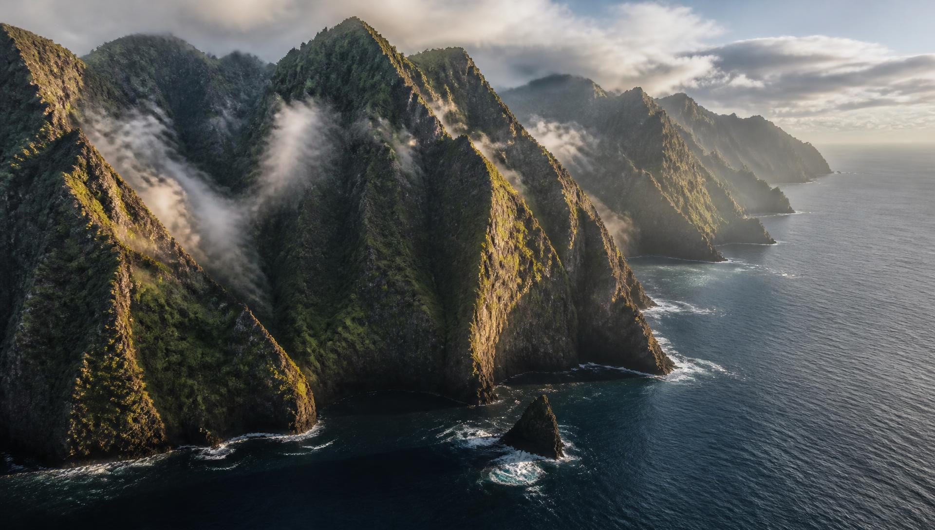 Sea cliffs and terraced hillsides on the north coast of Madeira at first light
